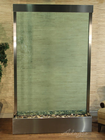 Floor Fountain - Grandeur River (Centered In Base) - Green Glass - Stainless Steel - grc20522