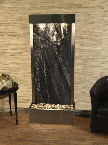 Floor Fountain - Harmony River (Flush Mounted Towards Rear Of The Base) - Black Spider Marble - Stainless Steel - hrf2007_1