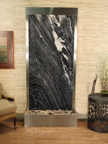 Floor Fountain - Tranquil River (Flush Mounted Towards Rear Of The Base) - Black Spider Marble - Stainless Steel - trf2007