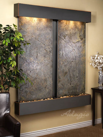 Wall Fountain - Cottonwood Falls - Green FeatherStone - Blackened Copper - Squared - cfs1512