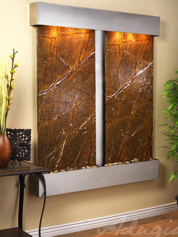 Wall Fountain - Cottonwood Falls - Rainforest Brown Marble - Stainless Steel - Squared - CFS2006