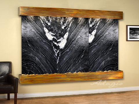 Wall Fountain - Solitude River - Black Spider Marble - Rustic Copper - Squared - srs10072