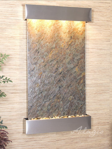 Wall Fountain - Summit Falls - Green FeatherStone - Stainless Steel - Squared - sfs2012