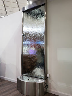 7.5' Free Standing Water Wall - Brushed Stainless Steel - Mirror - Curved trim