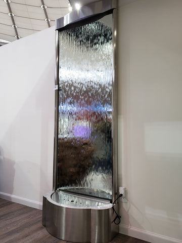 7.5' Free Standing Water Wall - Brushed Stainless Steel - Mirror - Curved trim